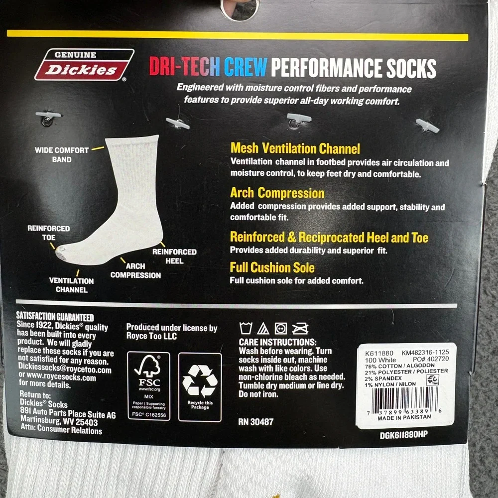 Dickies Mens 6 Pair Dri-Tech Crew Performance Work Socks White Size 6-12 K611880